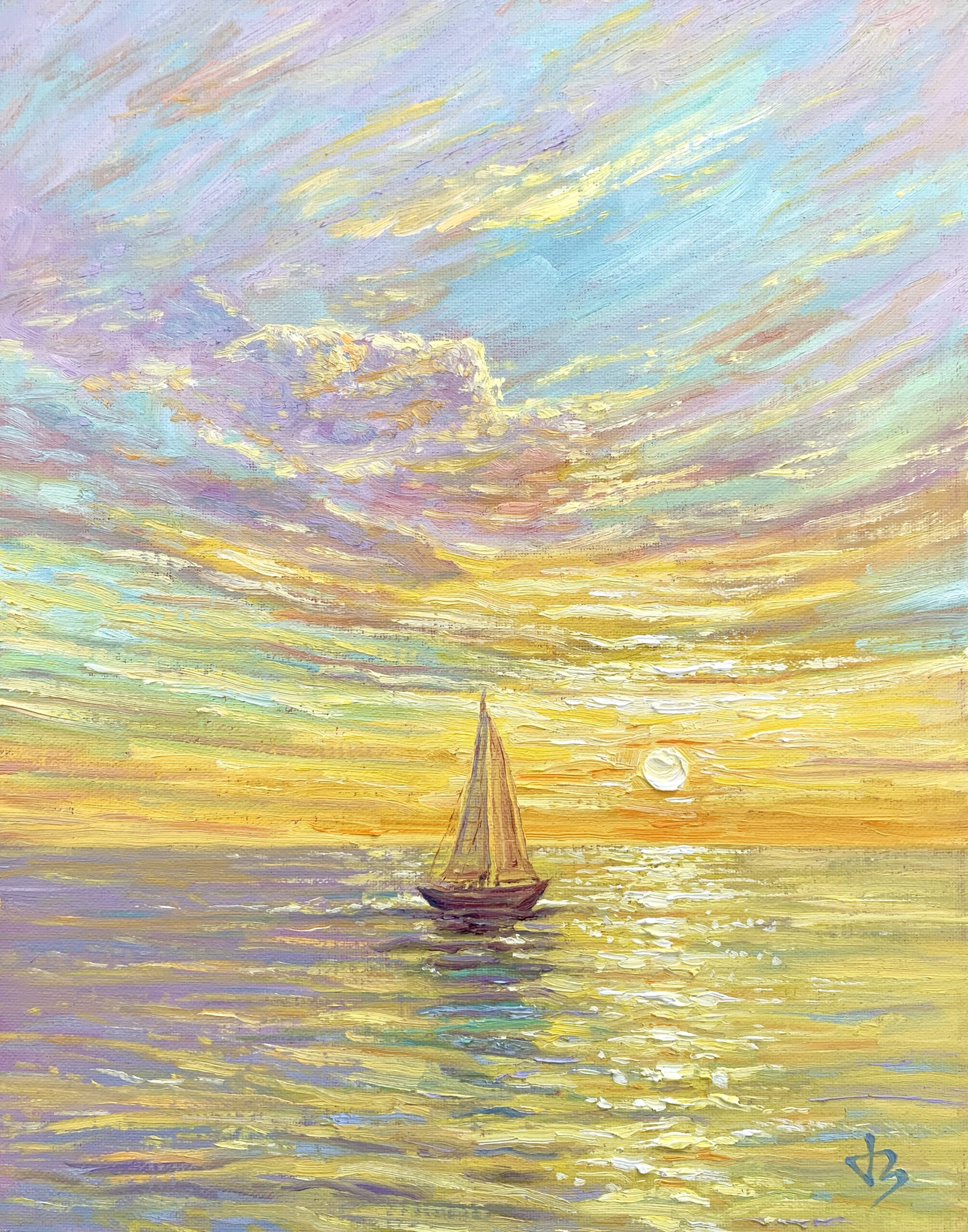Journey to the Light — Dallas Deng seascape oil painting, light and calm.