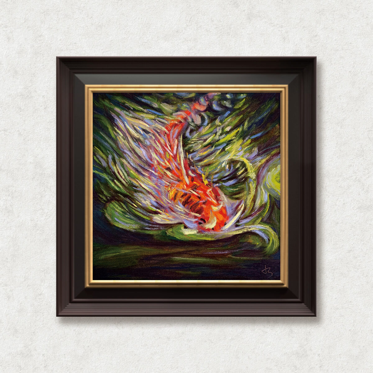 Koi — Dallas Deng oil painting, framed view, light and calm.