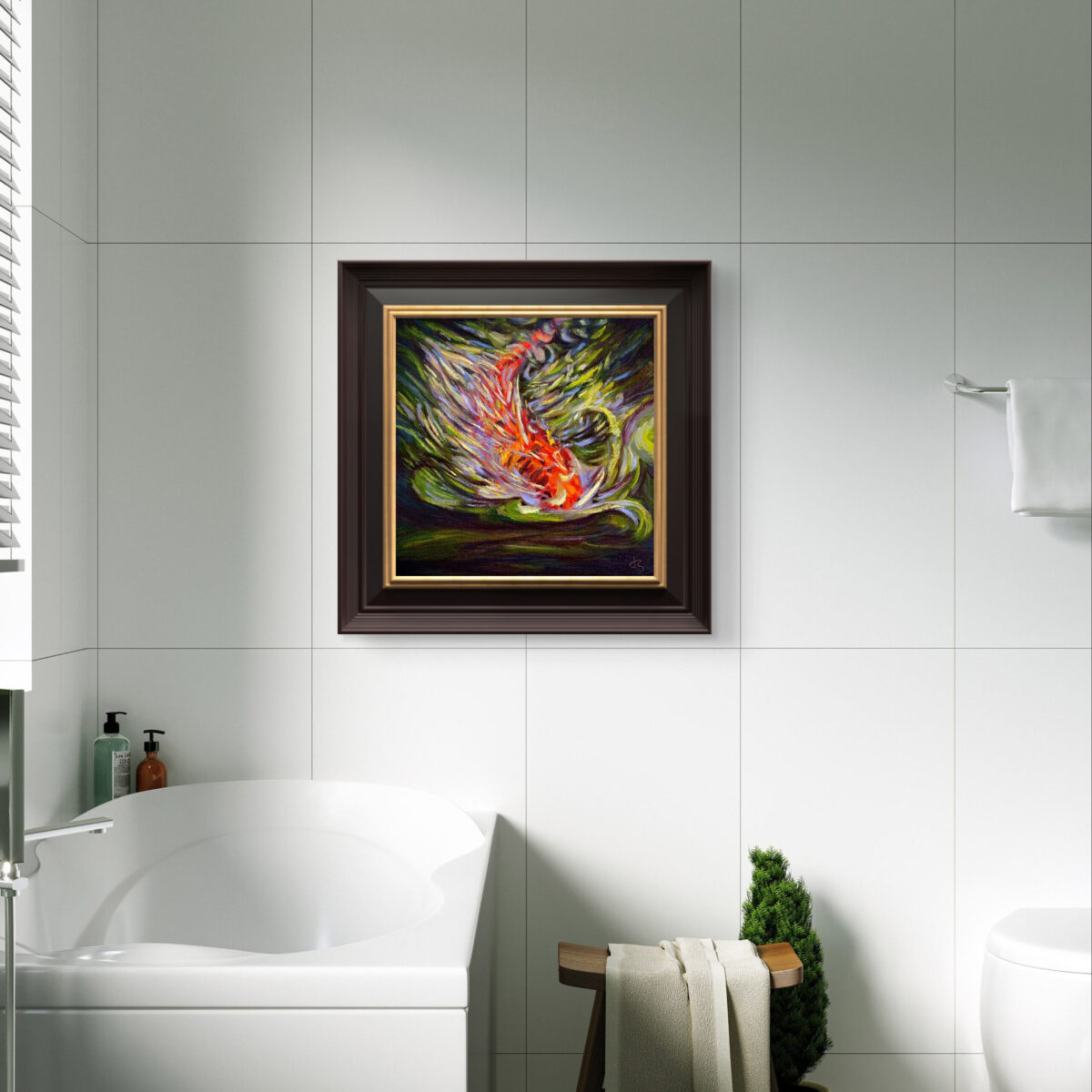 Koi 2 — Dallas Deng oil painting, interior wall view, light and calm.