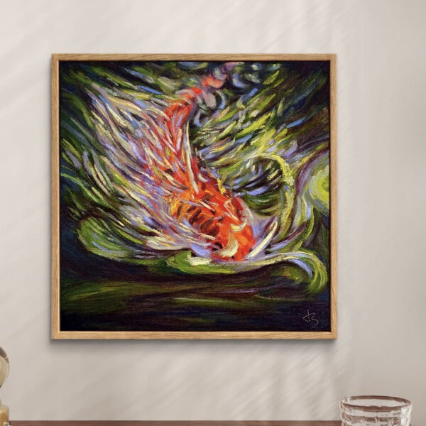 Koi — Dallas Deng oil painting, interior wall view, light and calm.