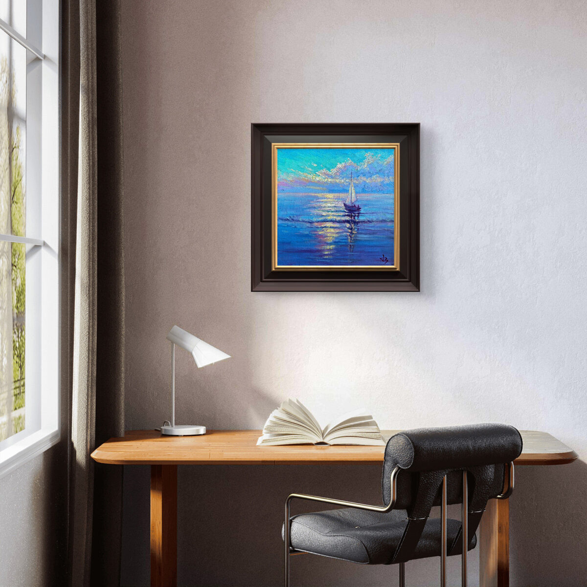 Light Over the Silent Sea — Dallas Deng oil painting, interior wall view, light and calm.
