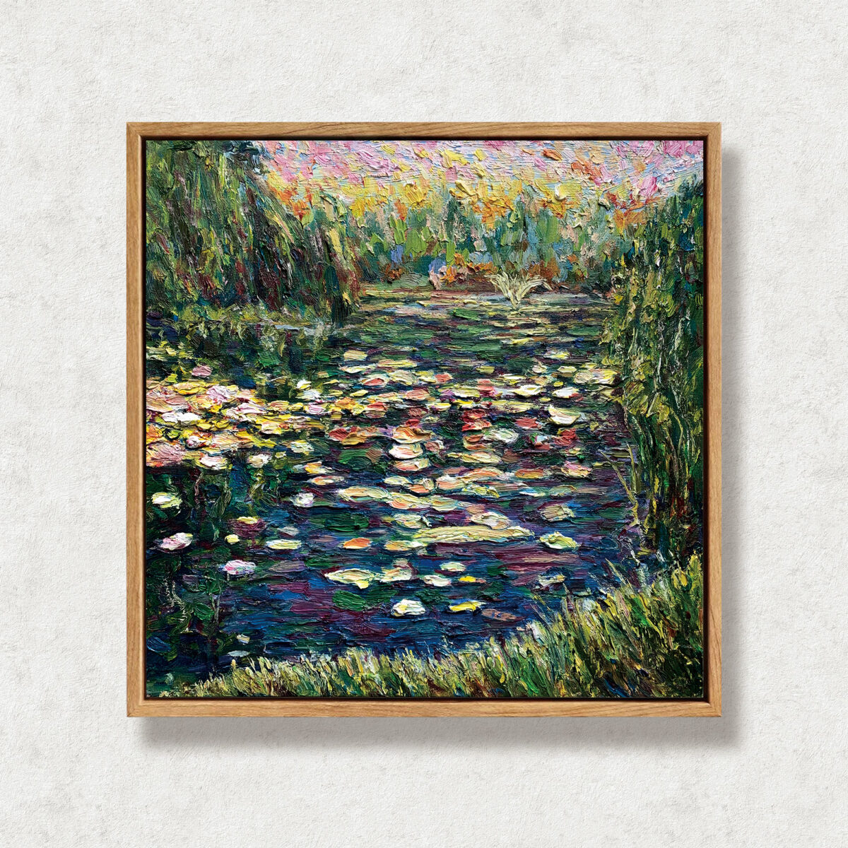 Lilies Twilight Floater — Dallas Deng oil painting, framed view, light and calm.