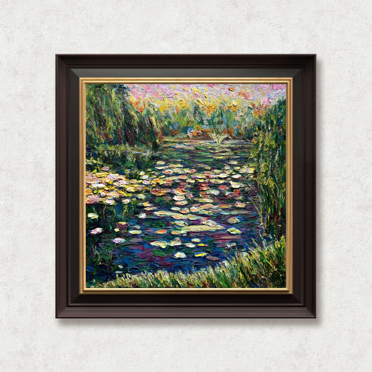Lilies Twilight 1 — Dallas Deng oil painting, framed view, light and calm.
