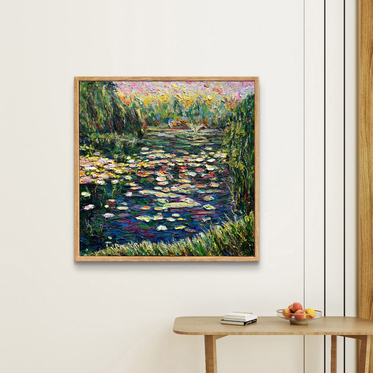 Lilies Twilight 4 — Dallas Deng oil painting, interior wall view, light and calm.