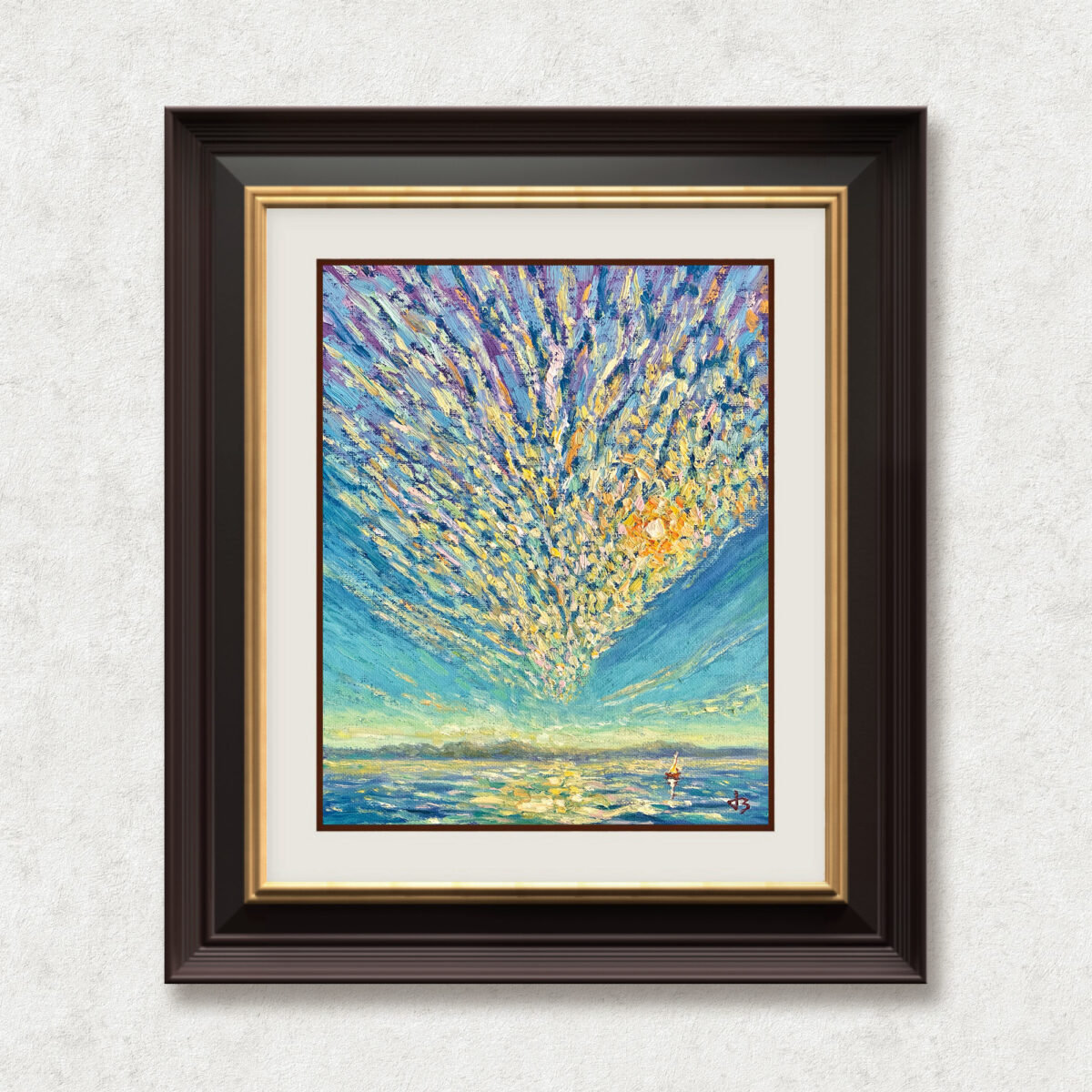 Mackerel Sky — Dallas Deng oil painting, framed view, light and calm.
