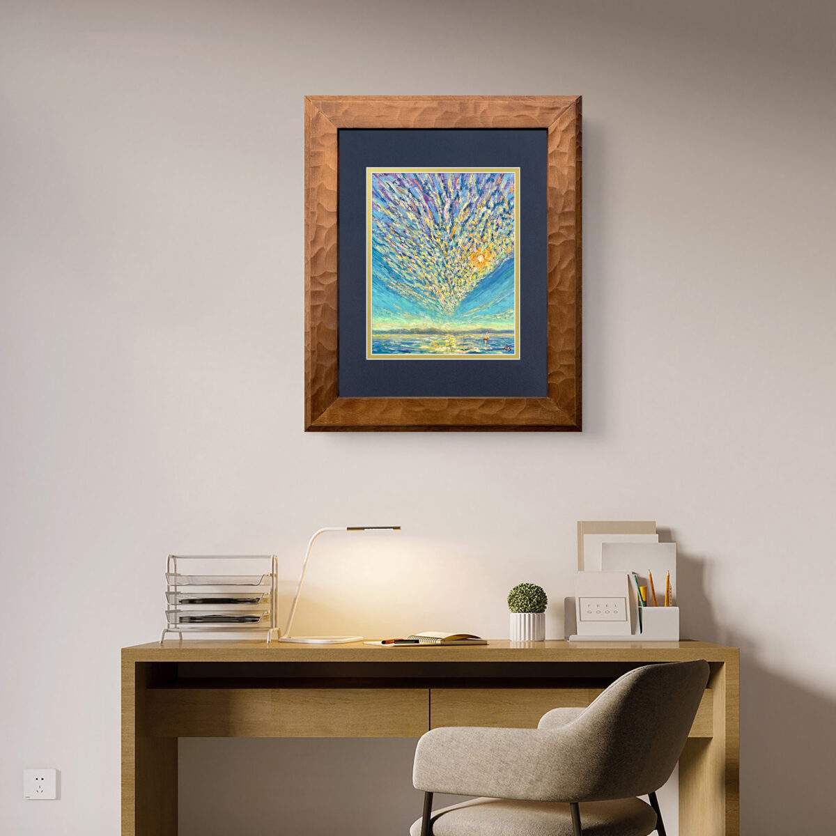 Mackerel Sky 2 — Dallas Deng oil painting, interior wall view, light and calm.