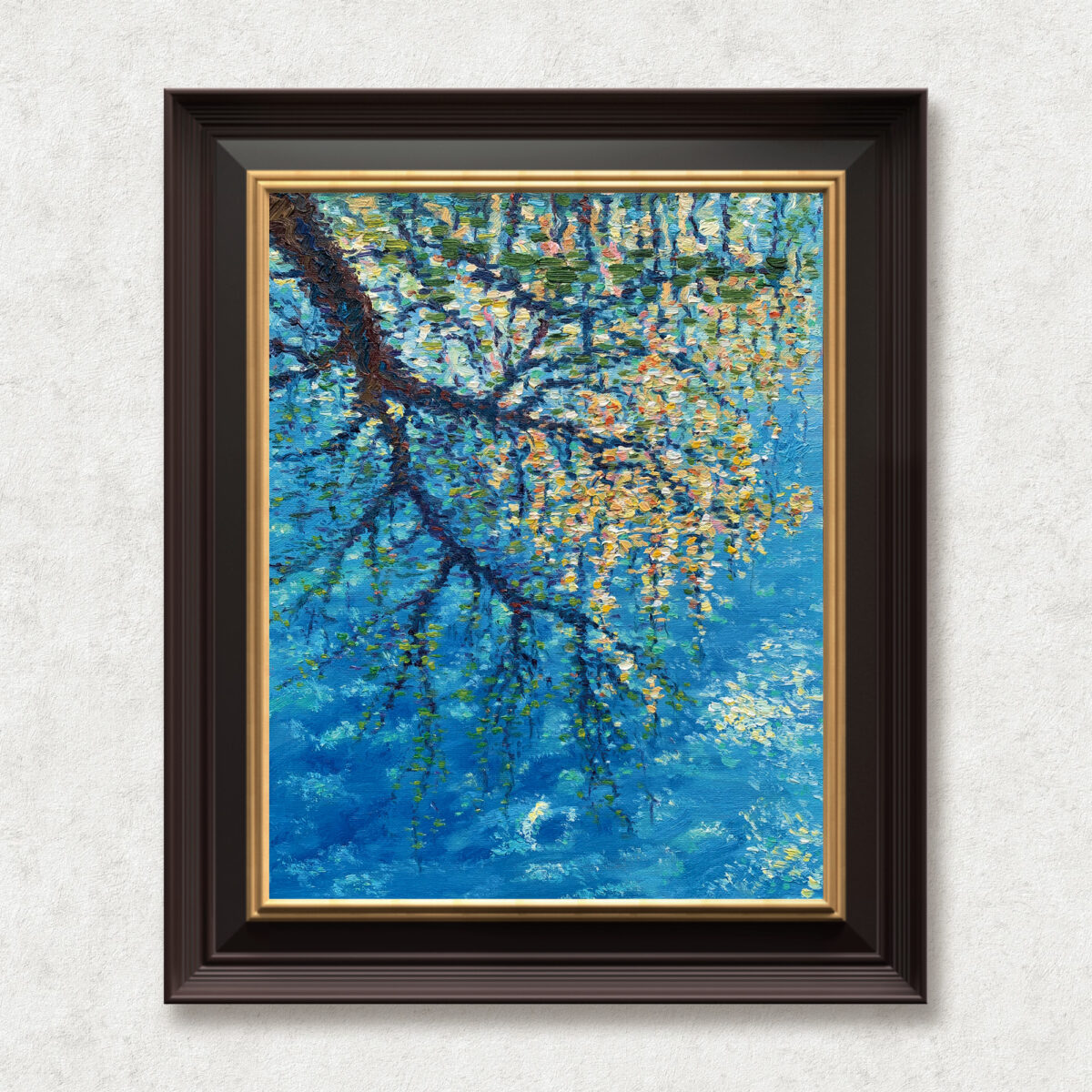 Mirroring — Dallas Deng oil painting, framed view, light and calm.