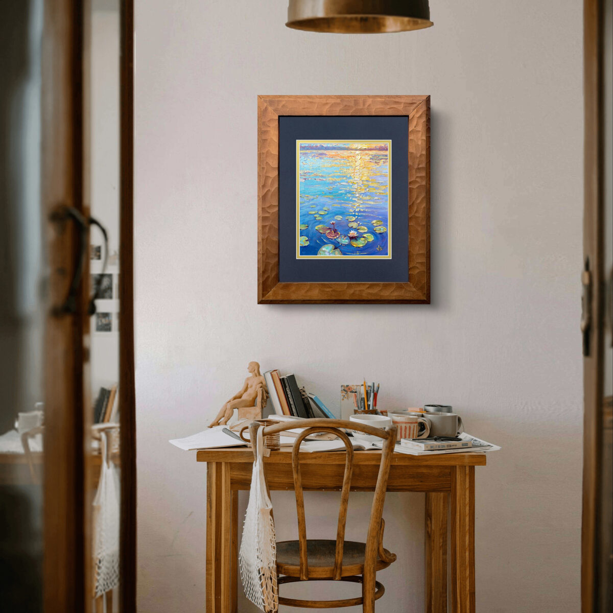 Morning Call 4 — Dallas Deng oil painting, interior wall view, light and calm.