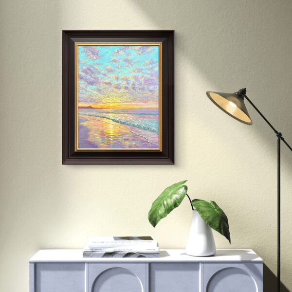 Ocean Embrace at Sunset oil painting by Dallas Deng displayed on living room wall.