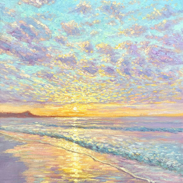 Ocean Embrace at Sunset oil painting by Dallas Deng, warm seascape filled with light and calm.