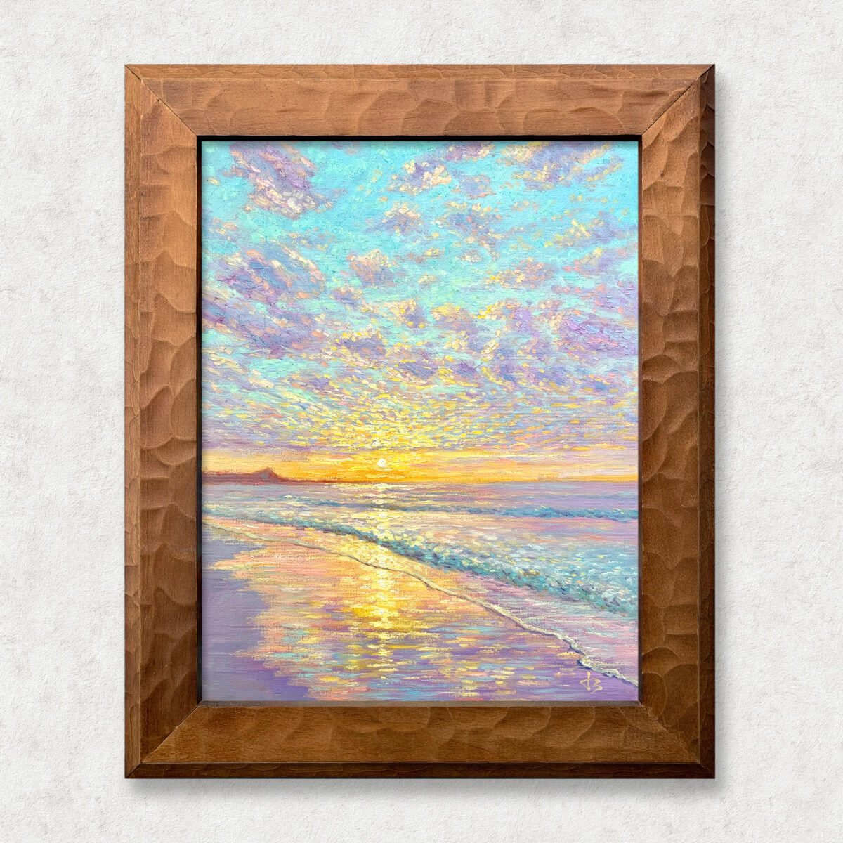 Ocean Embrace at Sunset Walnut — Dallas Deng oil painting, framed view, light and calm.