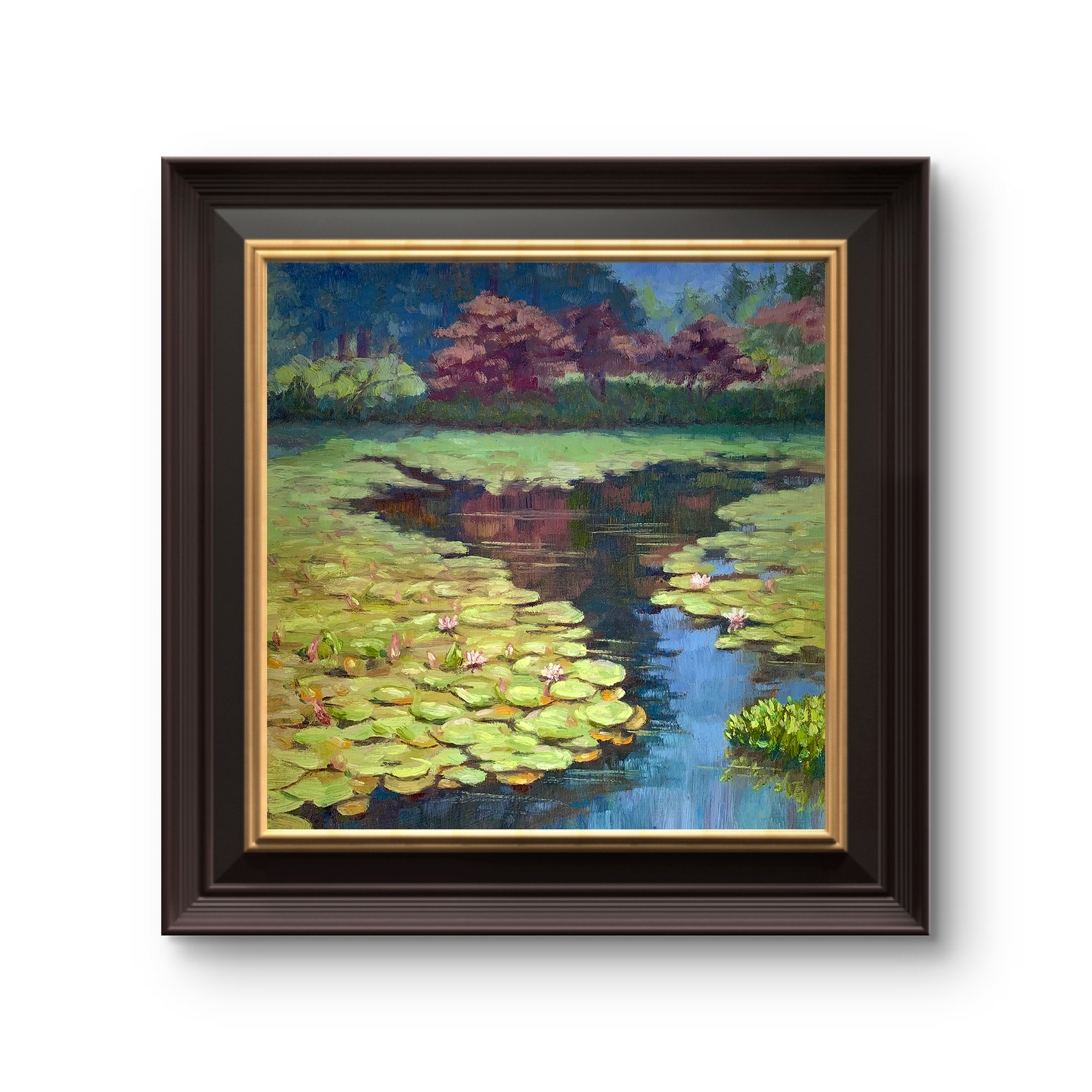 Pond — Dallas Deng oil painting, framed view, light and calm.