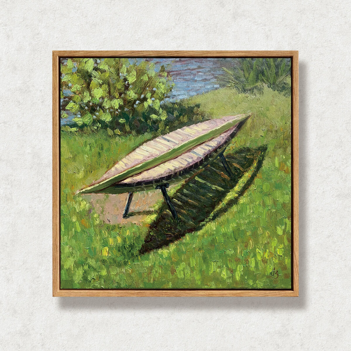 Quiet Bench Floater — Dallas Deng oil painting, framed view, light and calm.
