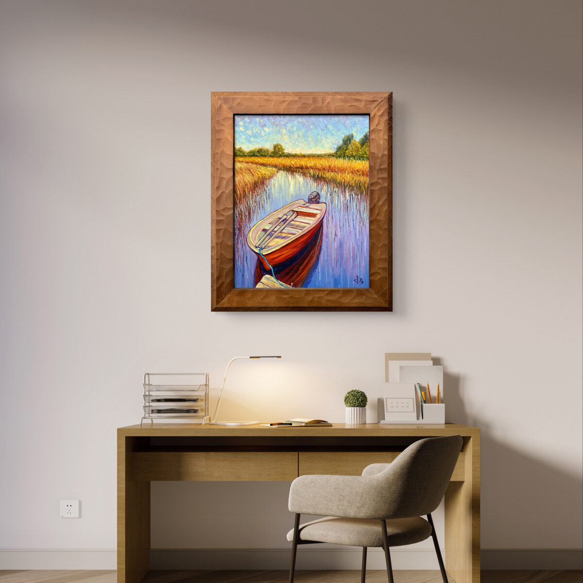 Ready to Go — Dallas Deng oil painting, interior wall view, light and calm.