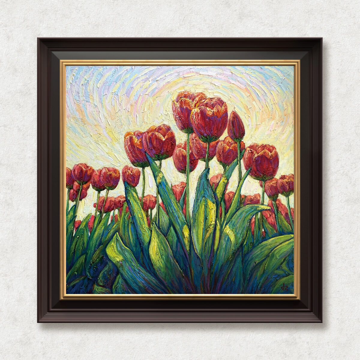 Red Mousse Cake — Dallas Deng oil painting, framed view, light and calm.