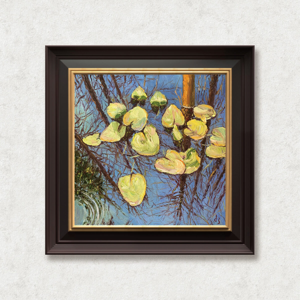 Reflection — Dallas Deng oil painting, framed view, light and calm.