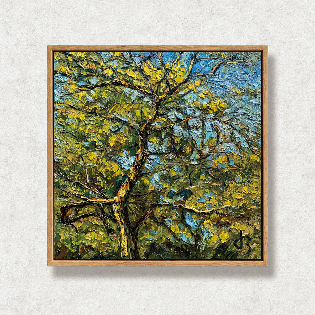 Relaxing Floater — Dallas Deng oil painting, framed view, light and calm.