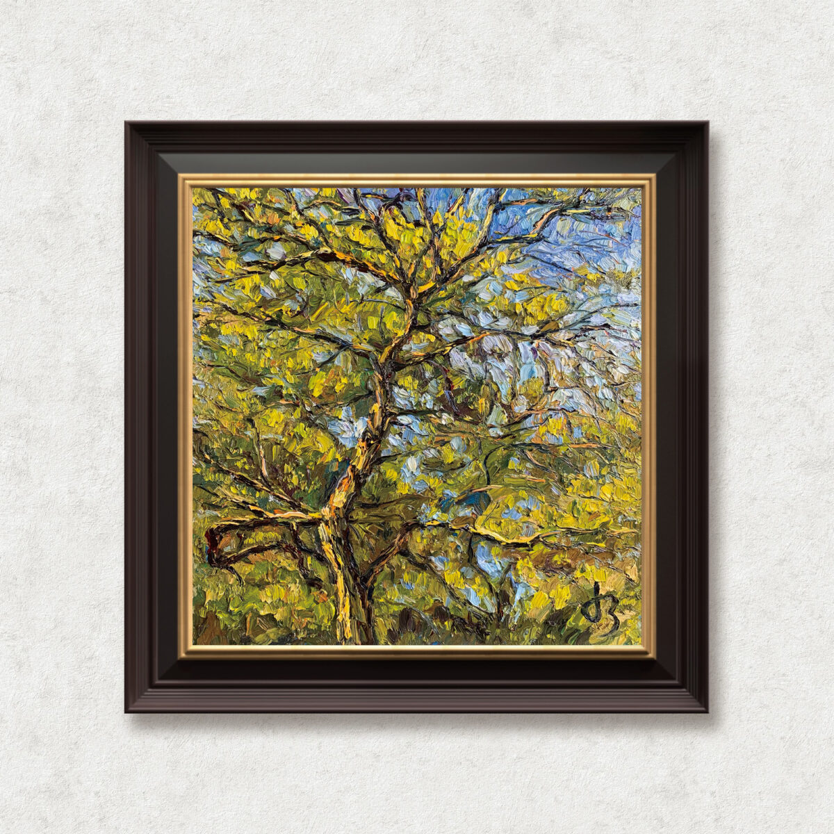 Relaxing — Dallas Deng oil painting, framed view, light and calm.