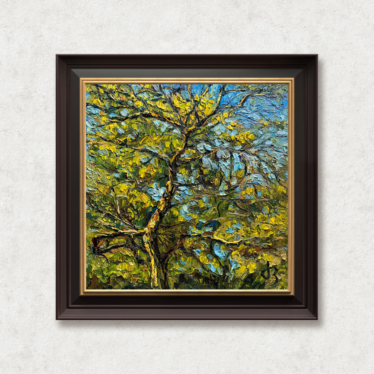 Relaxing 5 — Dallas Deng oil painting, framed view, light and calm.