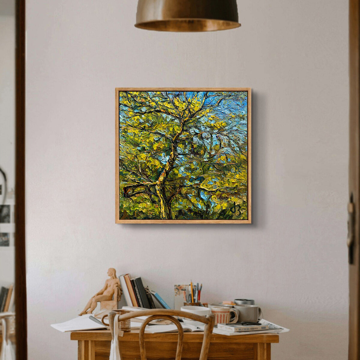 Relaxing 2 — Dallas Deng oil painting, interior wall view, light and calm.