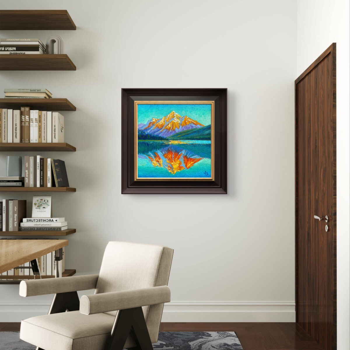 Rockies Morning Glow 2 — Dallas Deng oil painting, interior wall view, light and calm.