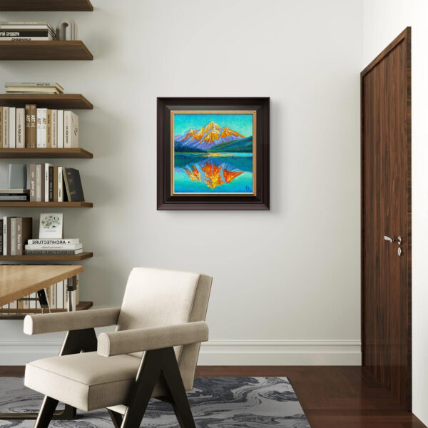 Rockies Morning Glow — Dallas Deng oil painting, interior wall view, light and calm.