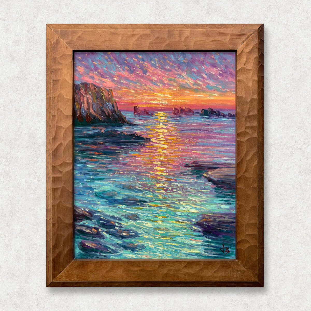 Sea at Dusk Walnut — Dallas Deng oil painting, framed view, light and calm.