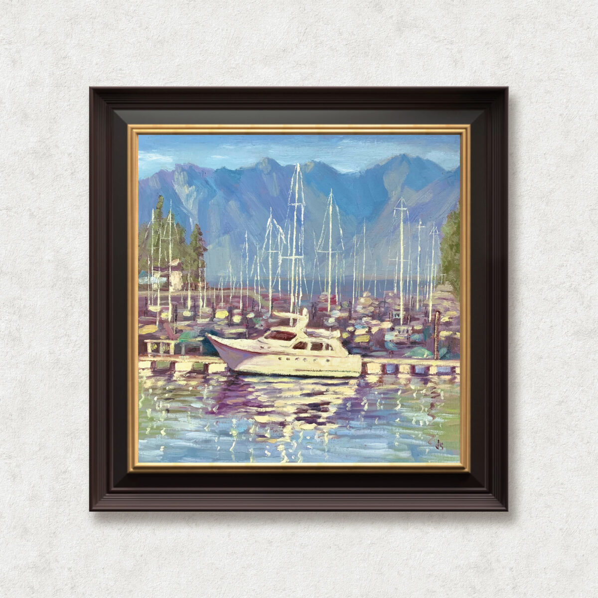 Snug Cove Dock — Dallas Deng oil painting, framed view, light and calm.