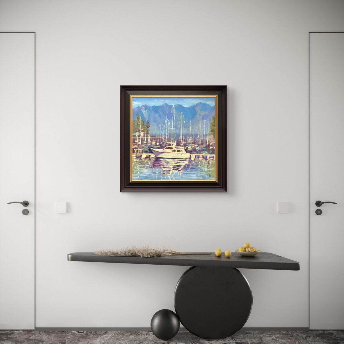 Snug Cove Dock — Dallas Deng oil painting, interior wall view, light and calm.
