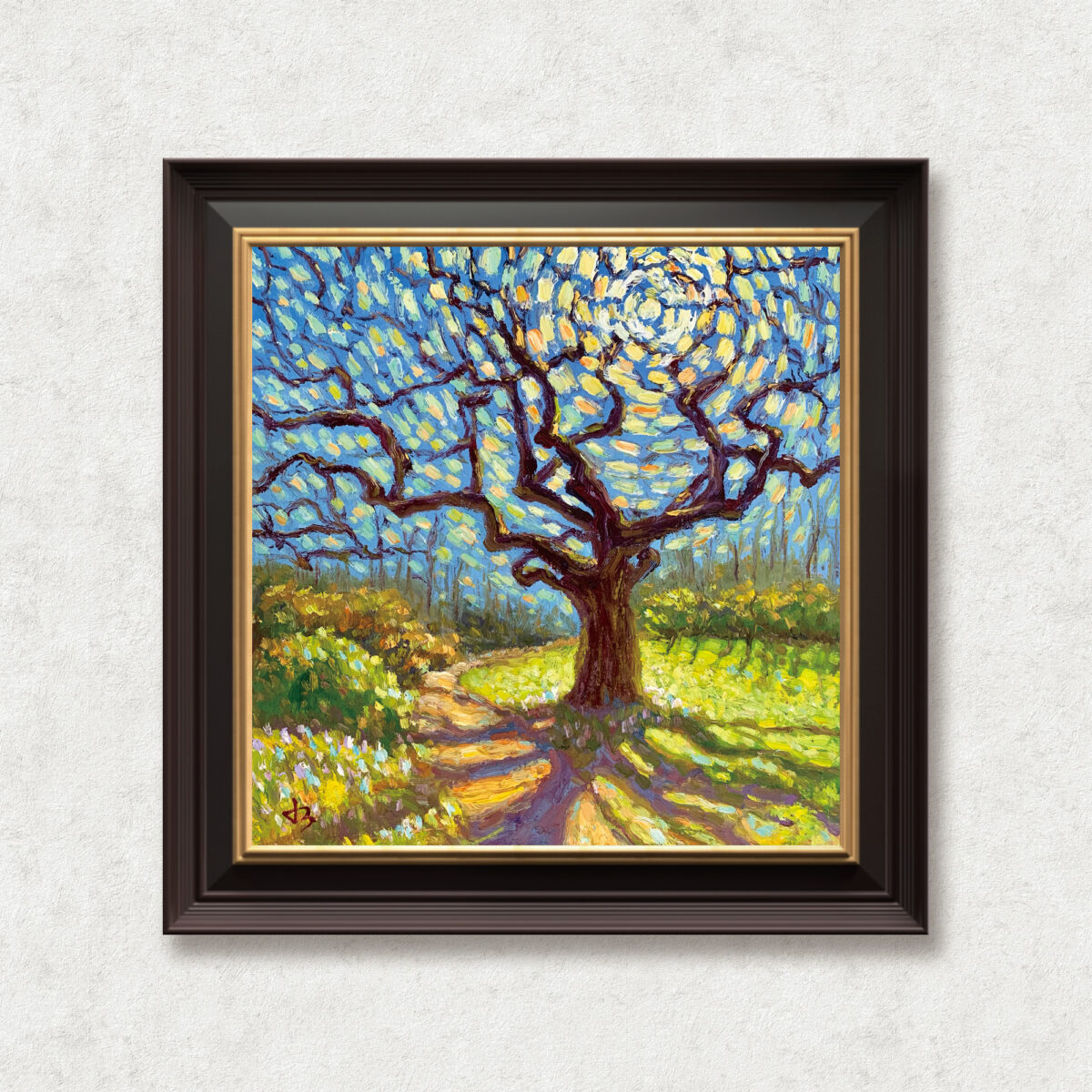 Sparkling Noon — Dallas Deng oil painting, framed view, light and calm.