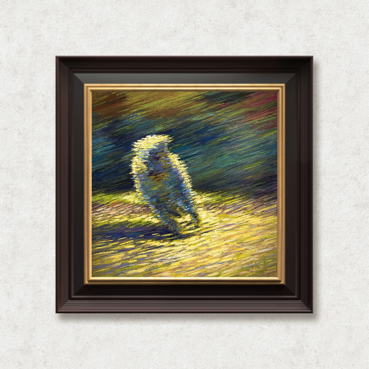 Speeding — Dallas Deng oil painting, framed view, light and calm.