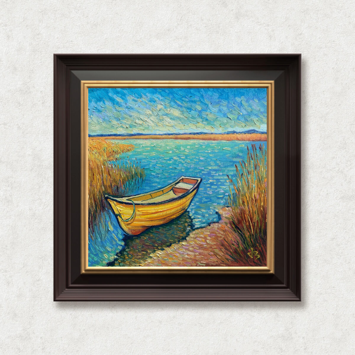 Waters — Dallas Deng still life oil painting, framed view, light and calm.