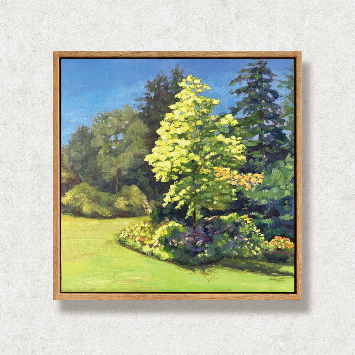 Summer Quiet Floater — Dallas Deng oil painting, framed view, light and calm.