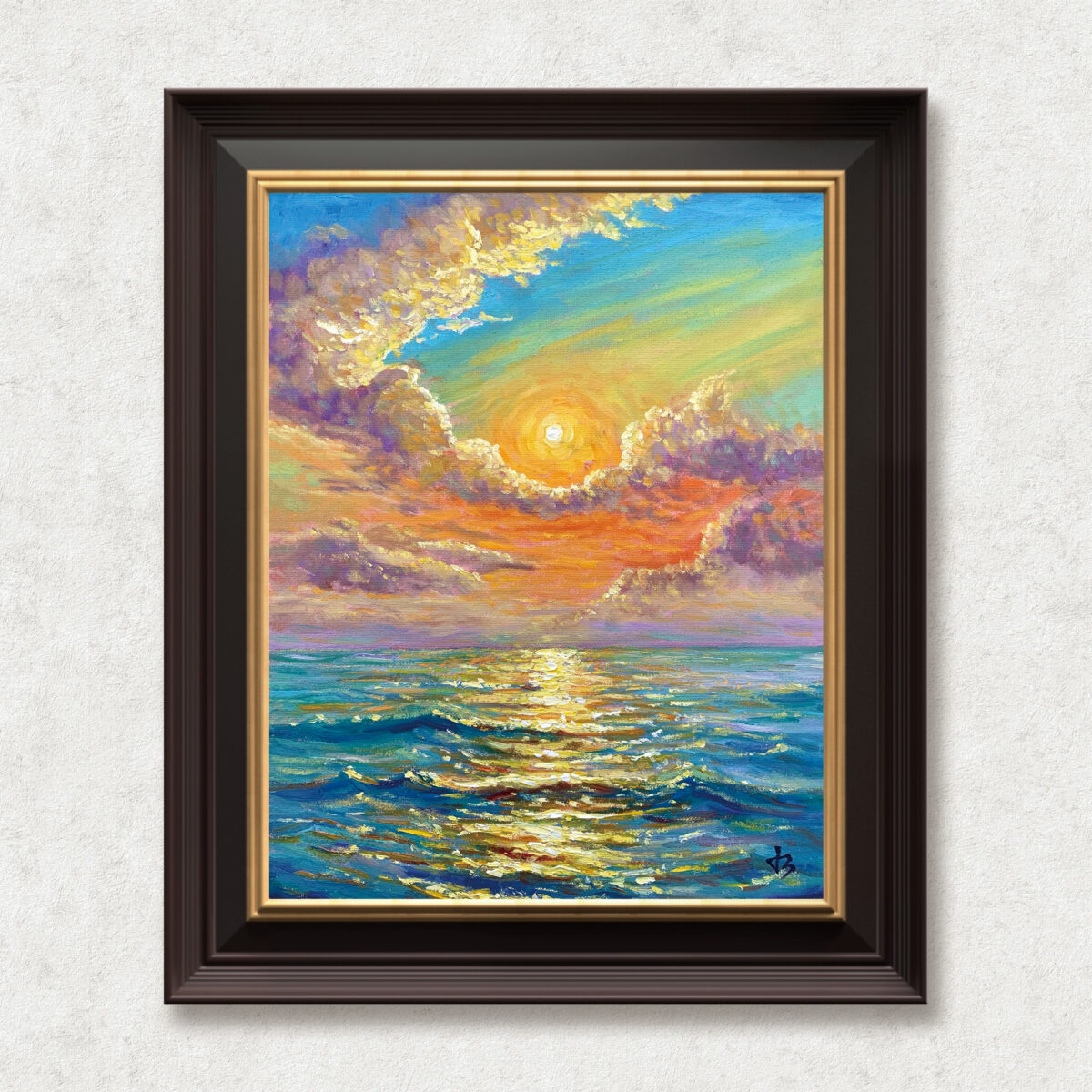 Sunburst Veils — Dallas Deng oil painting, framed view, light and calm.