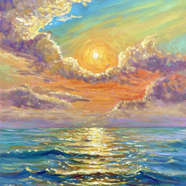 Sunburst Veils — Dallas Deng seascape oil painting, light and calm.
