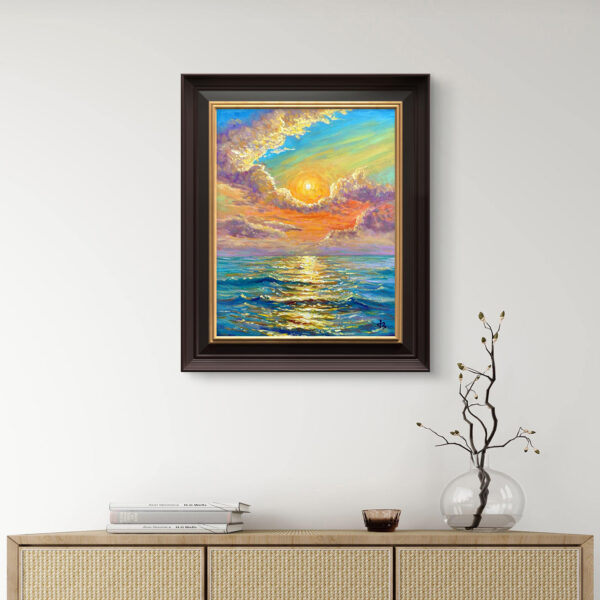 Sunburst Veils — Dallas Deng oil painting, interior wall view, light and calm.