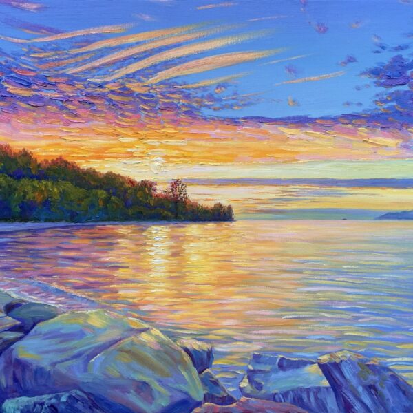 The Apricot Violet Hour — Dallas Deng seascape oil painting, light and calm.