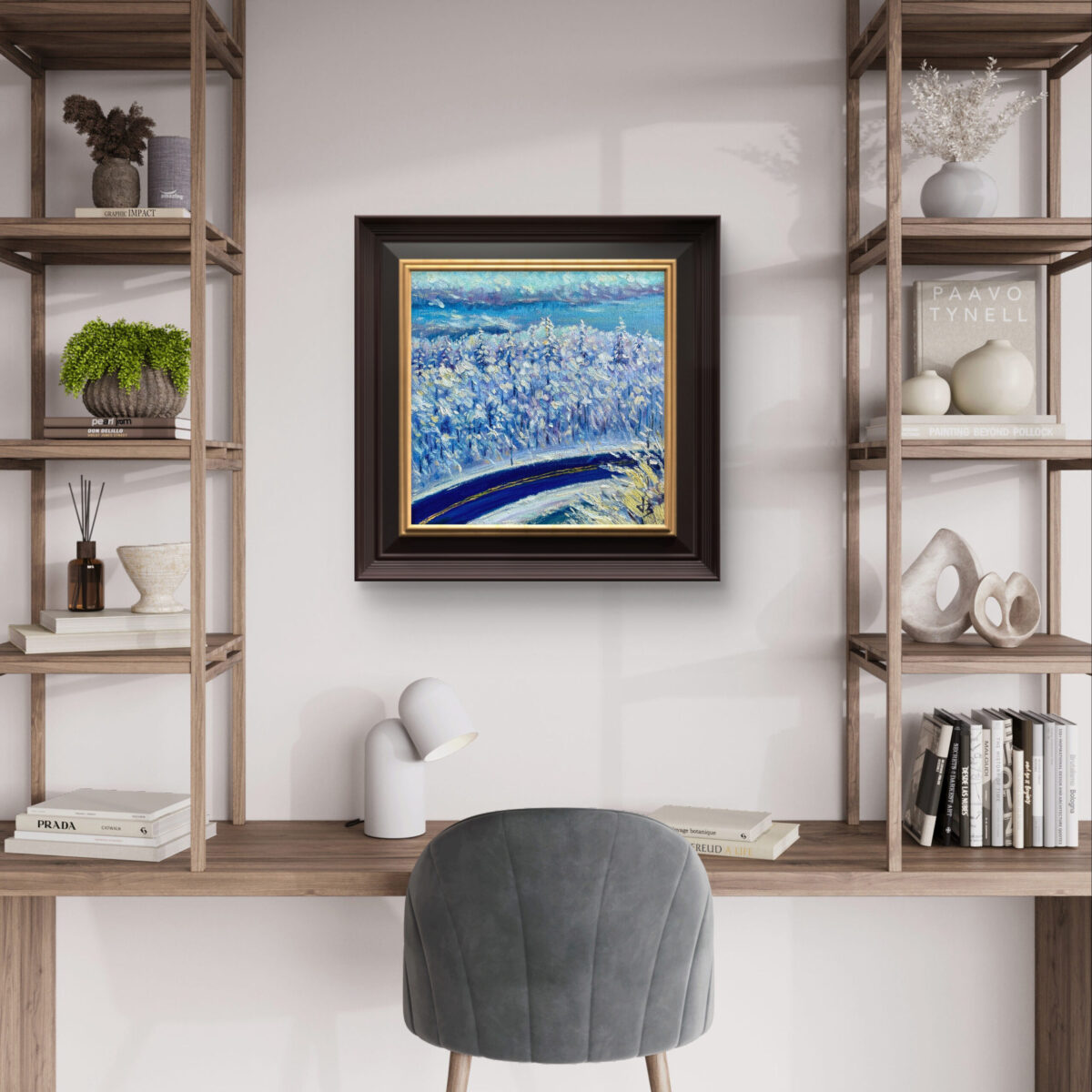 The Silent Arc 2 — Dallas Deng oil painting, interior wall view, light and calm.