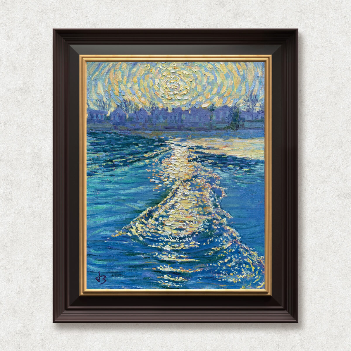 Tide — Dallas Deng oil painting, framed view, light and calm.