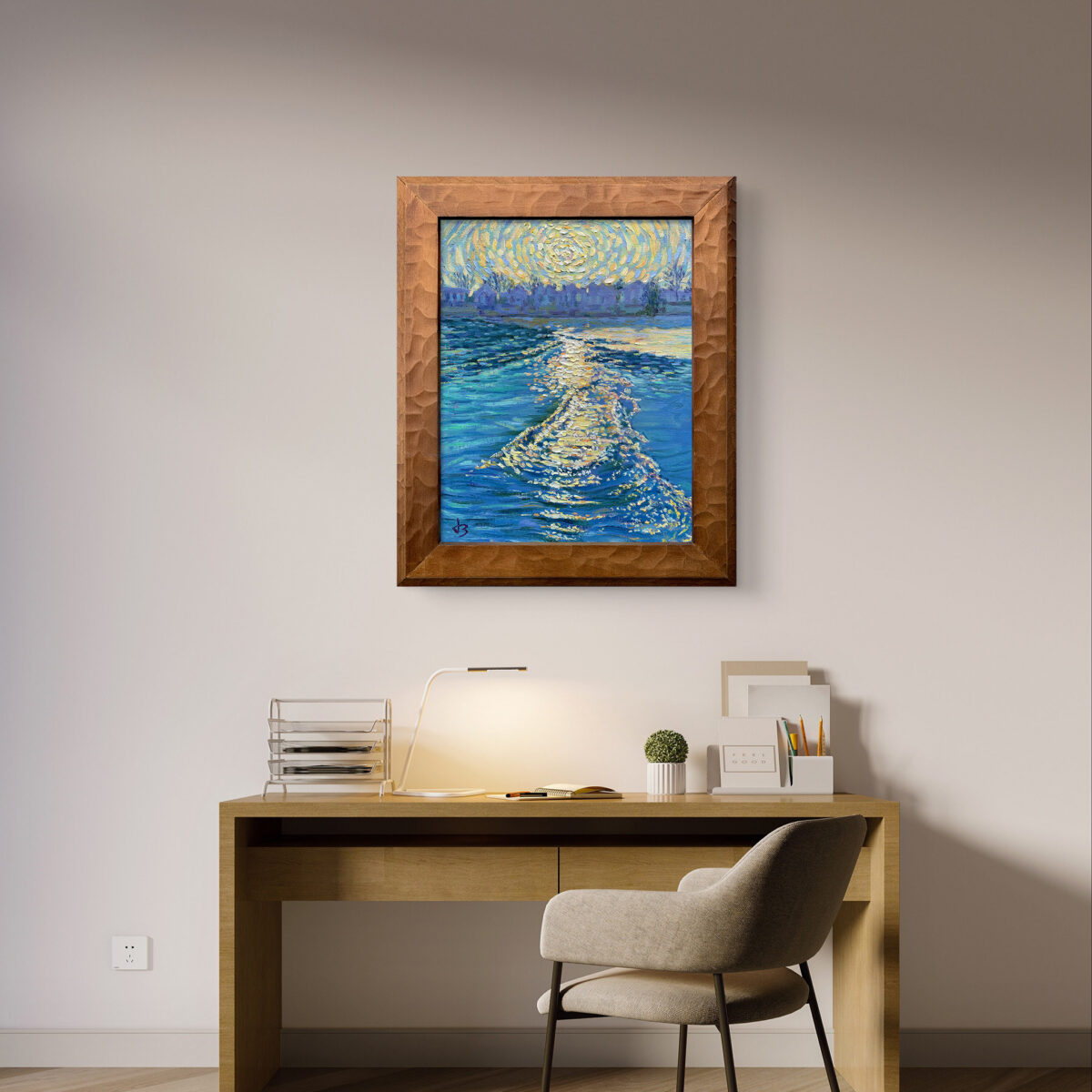 Tide — Dallas Deng oil painting, interior wall view, light and calm.