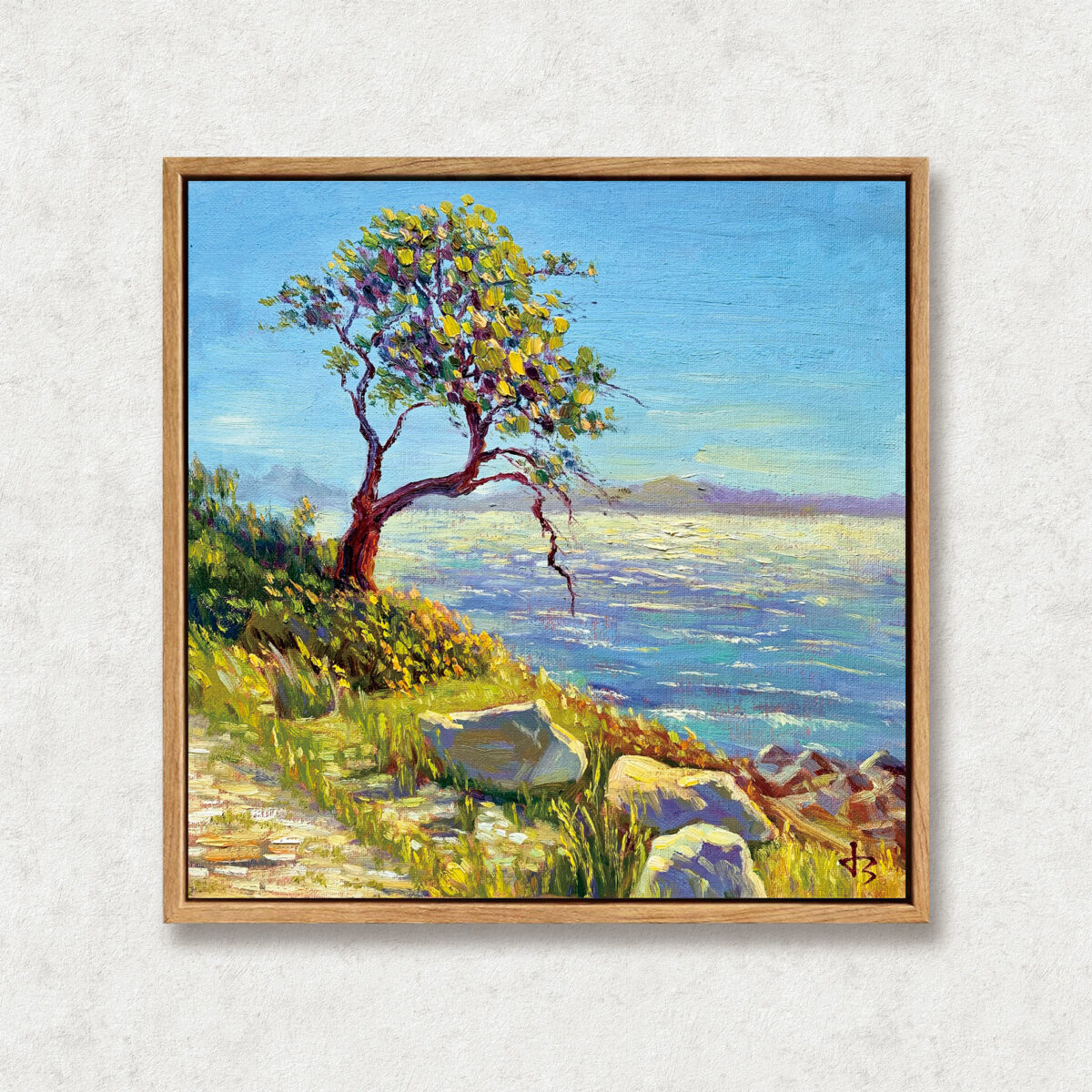 Tides of Light Floater — Dallas Deng oil painting, framed view, light and calm.