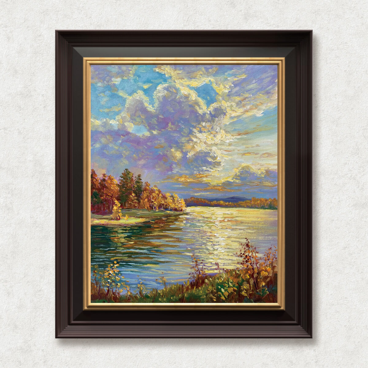 Tranquility of Autumn — Dallas Deng oil painting, framed view, light and calm.