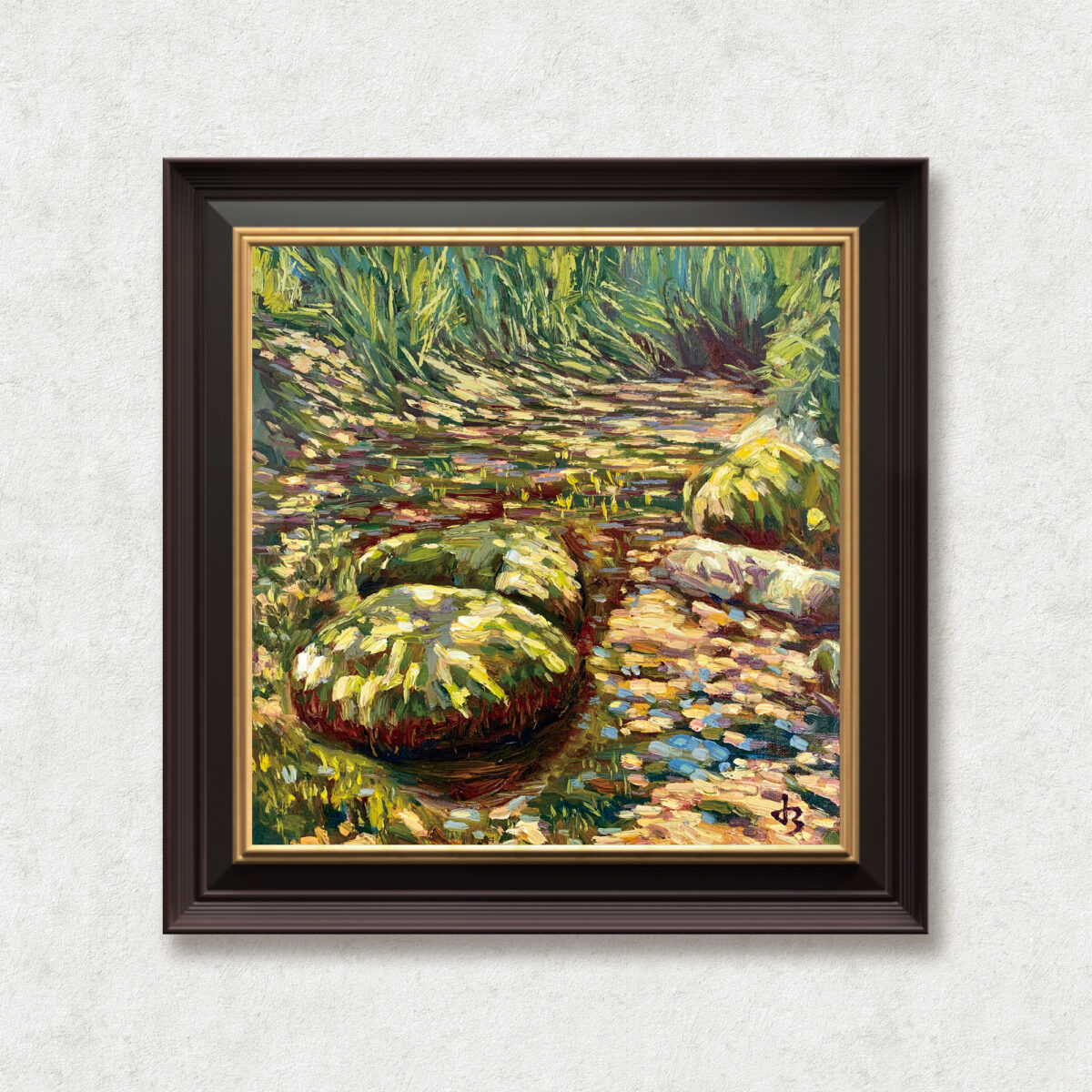 Twins — Dallas Deng oil painting, framed view, light and calm.