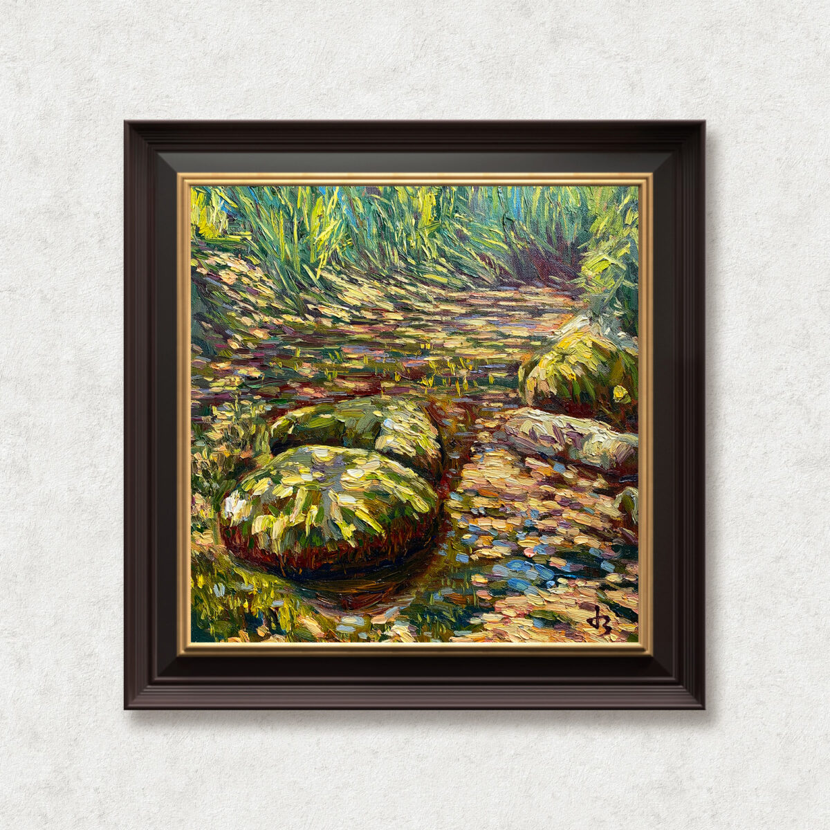 Twins 5 — Dallas Deng oil painting, framed view, light and calm.