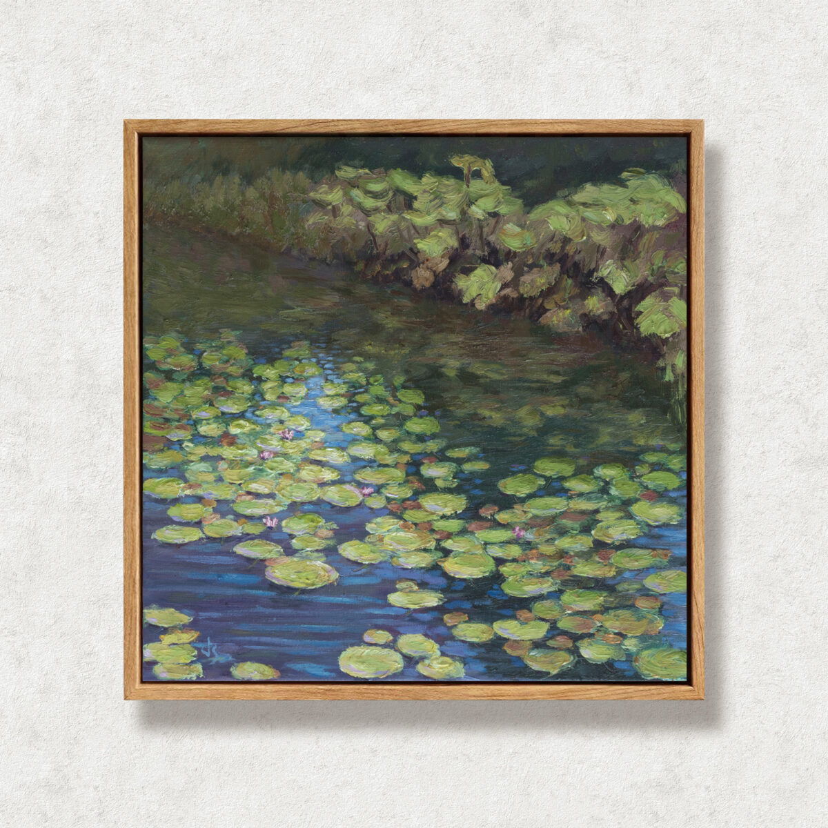 Water Lilies at Vandusen Floater — Dallas Deng oil painting, framed view, light and calm.