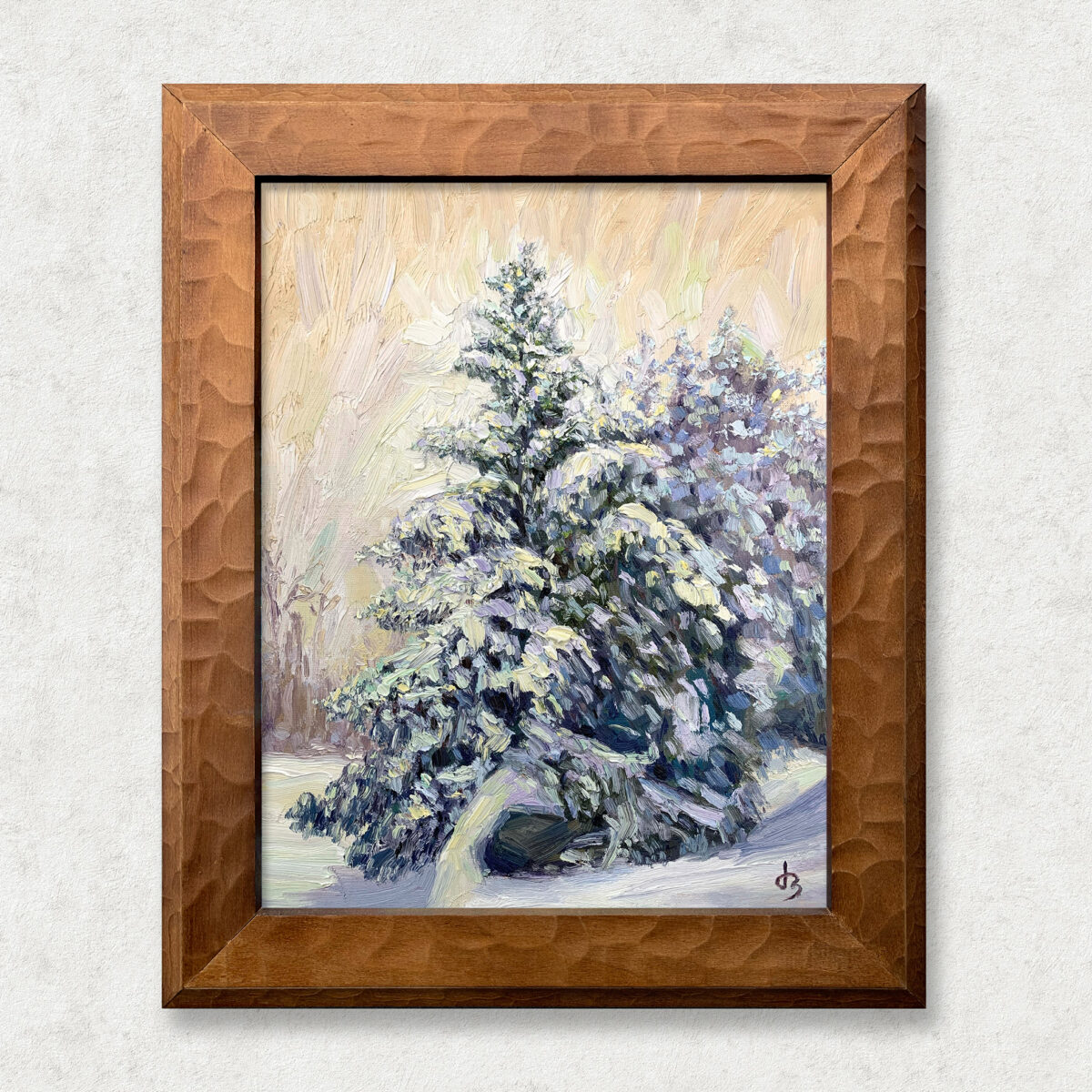Winter Stillness Walnut — Dallas Deng oil painting, framed view, light and calm.