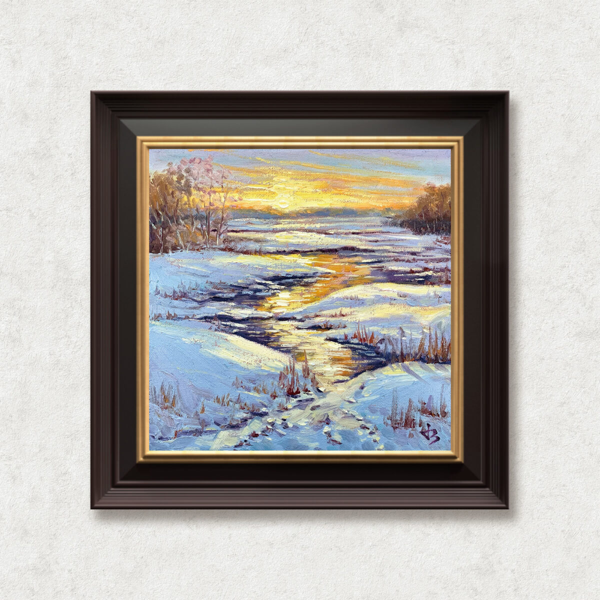 Winters Glow — Dallas Deng oil painting, framed view, light and calm.