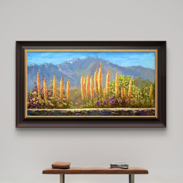 dallas-deng-blooming-flower-wall-view Blooming — Dallas Deng floral oil painting, interior wall view, light and calm.