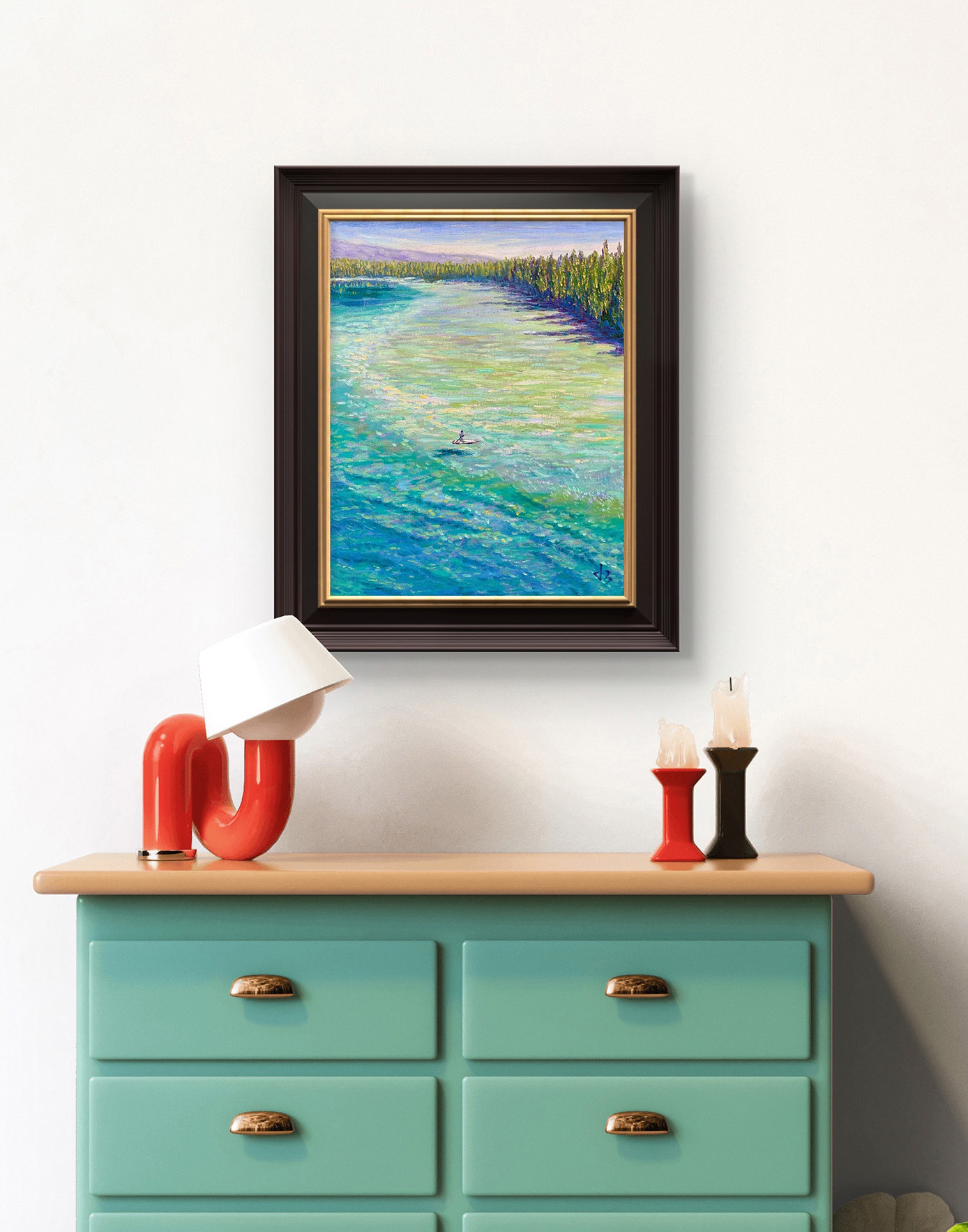 Emerald Calm — Dallas Deng oil painting, interior wall view, light and calm.