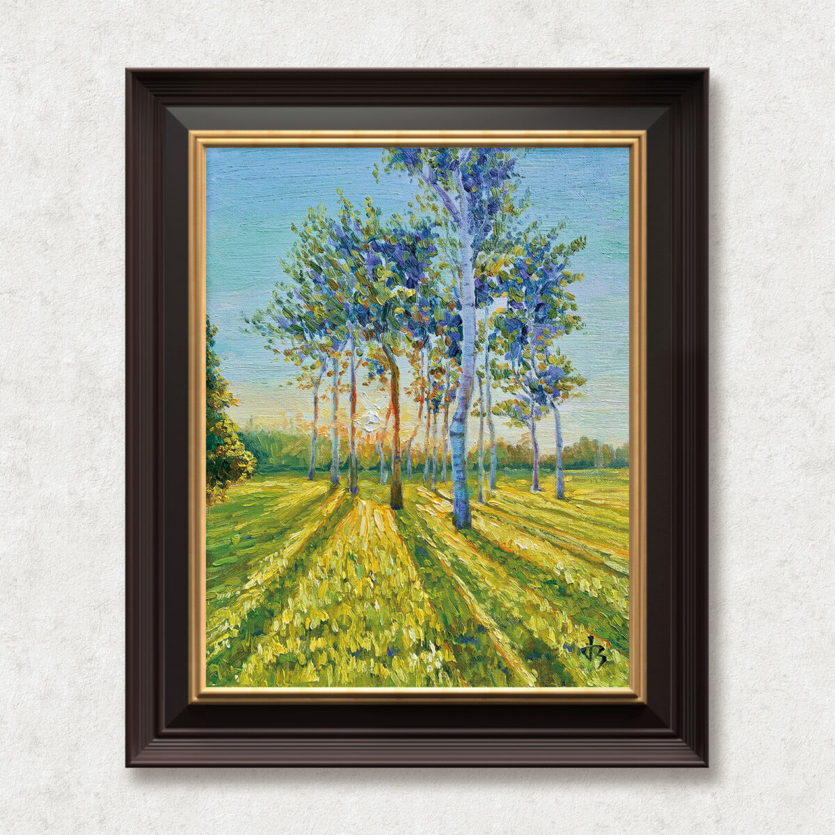 Neighbours — Dallas Deng oil painting, framed view, light and calm.